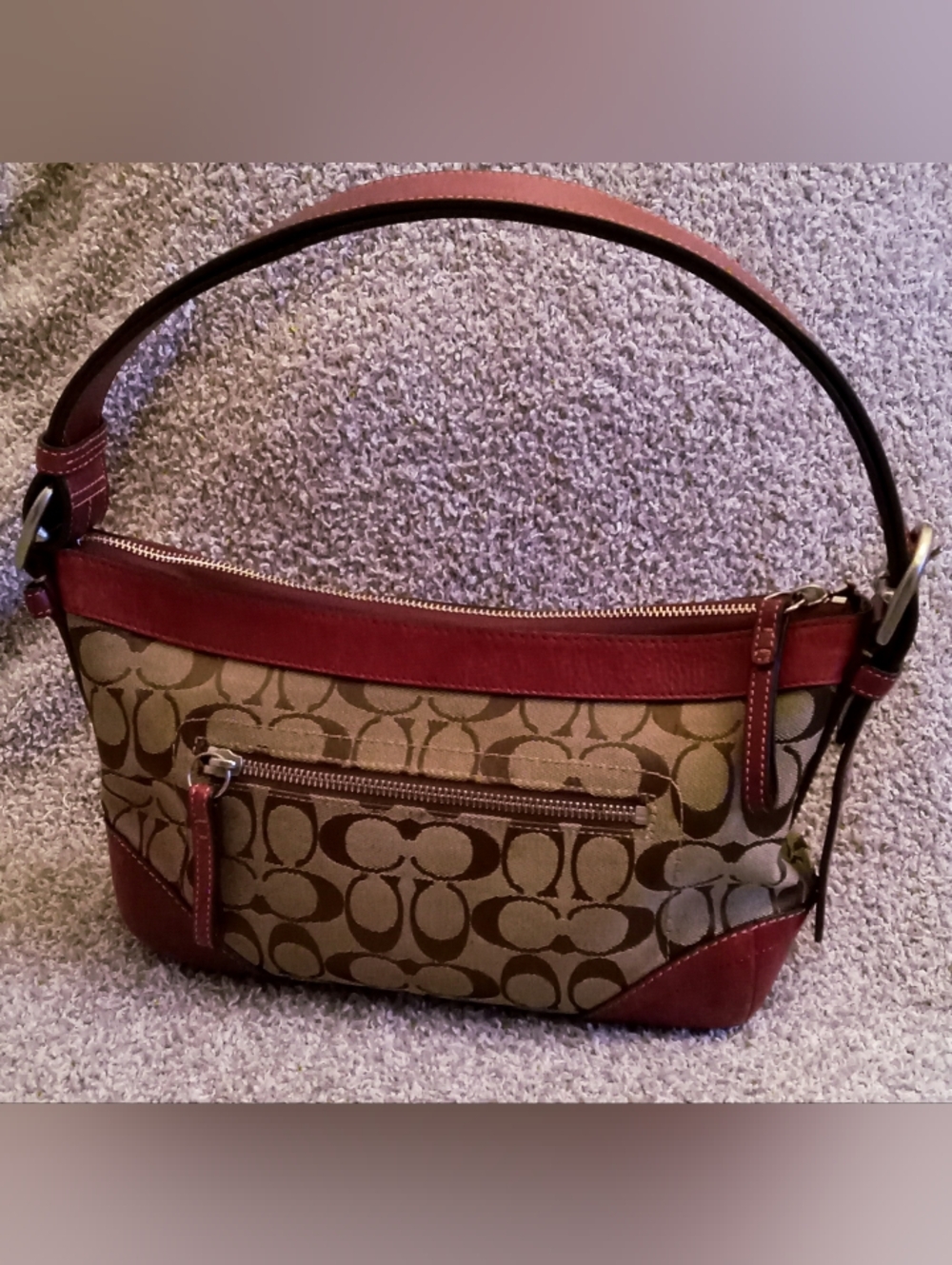 Coach Brown Khaki Signature Canvas Shoulder Bag with Red-Brown Trim